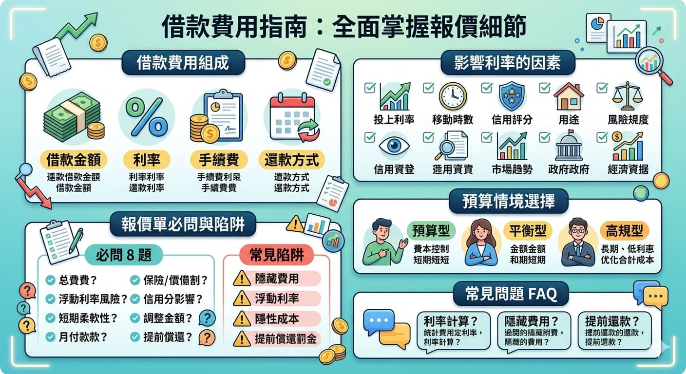 在選擇借款時，了解借款費用的組成至關重要。這篇文章將幫助你掌握借款的基本費用結構，包括利率、手續費等，並分析影響借款報價的因素。我們還提供了三種不同預算情境的選擇建議，以及報價單中必問的關鍵問題。了解借款的所有細節，讓你在借款過程中避免隱藏費用，做出最合適的選擇。