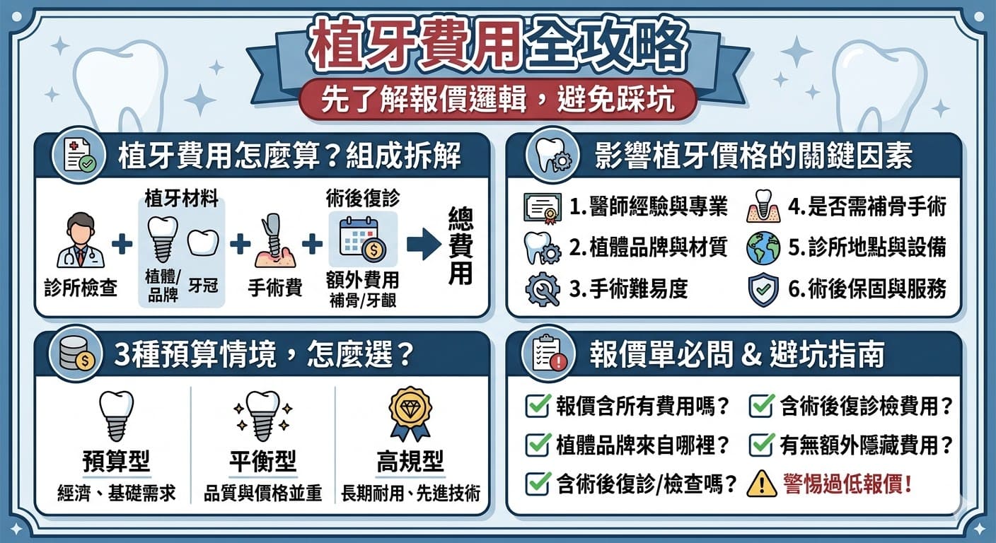 植牙是一項逐漸受到重視的牙科手術，然而其費用結構並不簡單。從診所檢查費、植牙材料到手術和術後復診等，植牙費用的組成因素繁多。不同的診所、植牙技術與材料選擇，會導致價格差異。本文將深入解析植牙費用的各項構成，以及影響價格的主要因素，幫助讀者在選擇植牙服務時，更有方向感，避免隱藏費用，選擇最合適的方案。